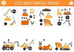 Construction site matching, logical activity with fantasy special technics and its components. Assemble truck from its spare parts puzzle. Match parts and whole object game, printable worksheet vector