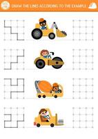 Construction site drawing, writing, tracing, space orientation activity for kids with special trucks. Draw the lines in square box according the example. Preschool printable activity, game, puzzle vector