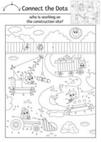 dot-to-dot and color activity with construction site scene. Building works line connect the dots game with road repair landscape. Printable worksheet or coloring page with industrial vehicle vector