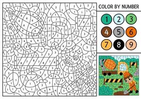 construction site themed color by number activity with concrete mixer and worker digging hole. Black and white counting game with industrial landscape. Coloring page for kids with vehicle vector