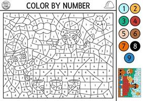 construction site themed color by number activity with workers building brick wall. Black and white counting game with industrial landscape. Coloring page for kids with builders vector