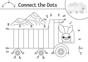 construction site dot-to-dot and color activity with truck, hare driver. Building works line connect the dots game for children. Printable worksheet, coloring page with industrial vehicle vector