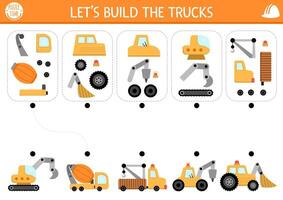 Construction site matching and logical activity with special technics and its components. Assemble the truck from its spare parts puzzle. Match the parts and whole object game, printable worksheet vector