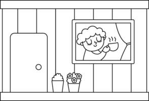 black and white office container with window. Builder hut with man drinking tea. Construction site or works icon. Industrial house line illustration or coloring page for kids vector
