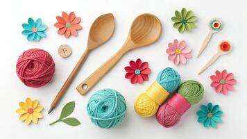 Crafting Elements Lay Flat with Wooden Spoons and Yarn Balls photo