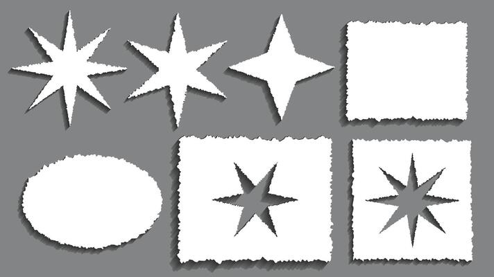 Set of ripped paper piece. Collection of white paper stars and elements