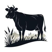 Cow silhouette in the field with grass and trees vector