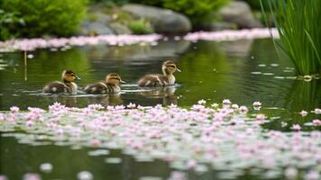 Three Ducklings Swimming in Pond with Pink Flowers photo