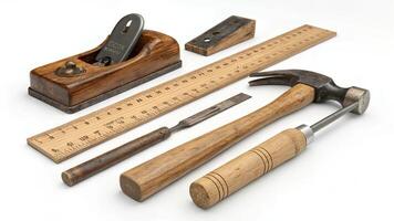 Assorted Carpentry Tools Arranged on White Background photo