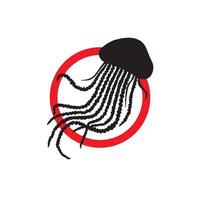 Warning sign with jellyfish silhouette in red circle isolated on white background vector