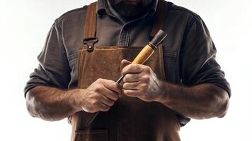Holding Chisel Wearing Leather Apron Close Up photo