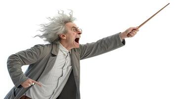 Pointing Wooden Stick While Screaming Isolated on White Background photo