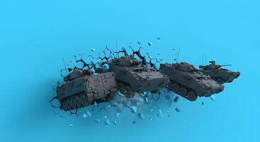 Three tanks are shown in a blue background photo