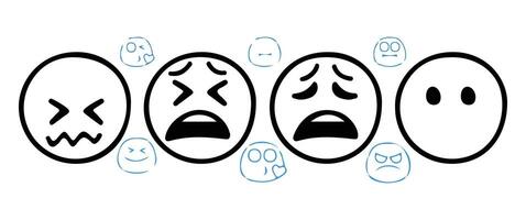 Emoticons faces icon in hand drawn style. Emoji faces collection. happy, smile, sad and angry emoji vector