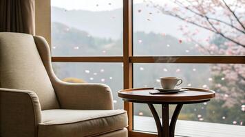 Armchair and Coffee with Sakura Petals View photo