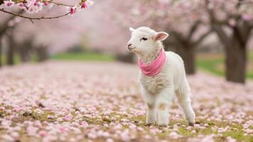 Lamb Standing Among Blossoms in Spring Orchard photo