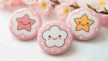 Cute Pink Button with Cartoon Star and Cloud photo