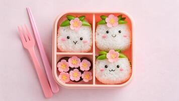 Preparing Rice Balls in a Lunchbox with Cutlery on a Pink Background photo