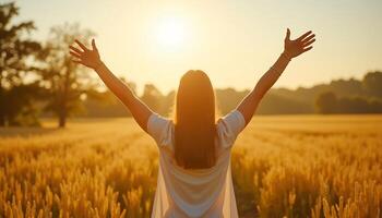 A woman with her arms up in the air in a wheat field photo