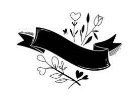 Decorative black ribbon with floral elements and hearts for creative projects and designs vector