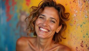 A woman smiling in front of a colorful wall photo
