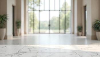 White marble floor in a large room with large windows photo