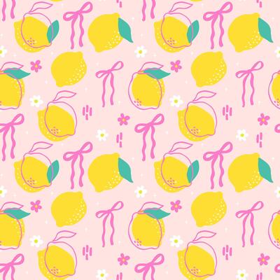 playful coquette lemon with vibrant pink ribbon in seamless repeating pattern,summer wallpaper girly kawaii aesthetic