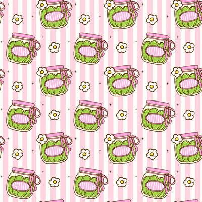 Cute Coquette Seamless Pattern Cucumbers Pickled Jar with pink ribbon bow, Girly Retro Preppy wallpaper.