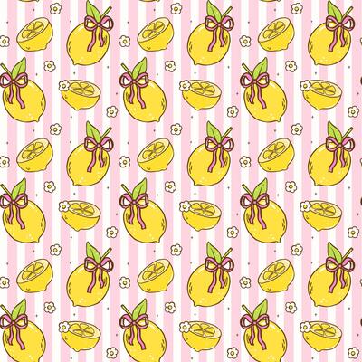 Cute Coquette Lemon with pink ribbon bow Seamless Pattern, Girly Retro Preppy wallpaper.