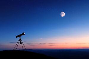 A telescope on a tripod with the moon in the background photo
