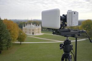 A camera on a tripod in front of a building photo