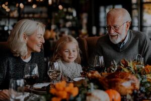 An older couple and their granddaughter are sitting at a table with a turkey and wine photo