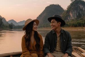 A couple sitting on a boat in front of mountains photo