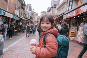 A little girl with a backpack holding an ice cream photo