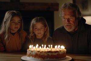 A man and two children looking at a cake with lit candles photo