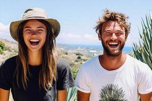 A man and woman are smiling while standing in front of a mountain photo