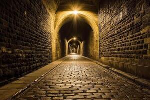 A long tunnel with cobblestone walkway and light at the end photo