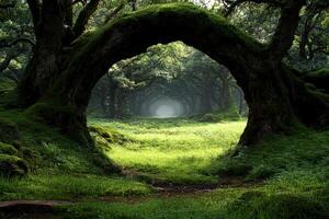 A tunnel in the middle of a forest with trees photo