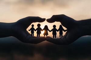Two hands holding a heart shaped paper cutout of a family photo