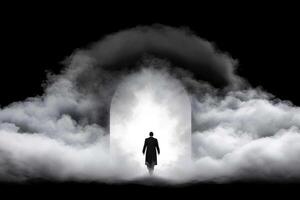 A man standing in front of an open door in the clouds photo