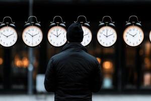A man standing in front of a row of clocks photo