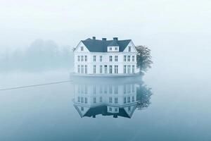 A house floating in the water on a foggy day photo
