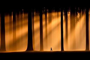 A lone person walking through a forest with sun beams coming from the trees photo