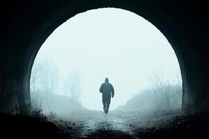 A man is walking through a tunnel in the fog photo