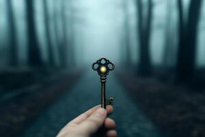 A person holding a key in front of a foggy forest photo