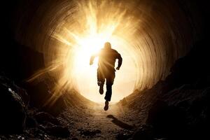 A man running through a tunnel with the sun shining through photo