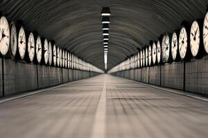 A long tunnel with a lot of clocks on the walls photo