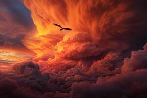 A bird flying over clouds with a red sky photo