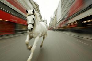 A white horse running down a street photo