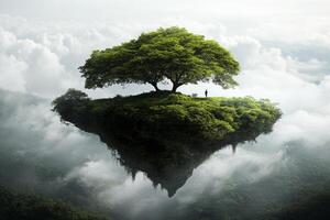 A tree is on top of an island in the clouds photo